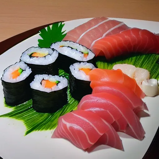 Prompt: large plate with sushi rolls, sashimi, intricate, detailed