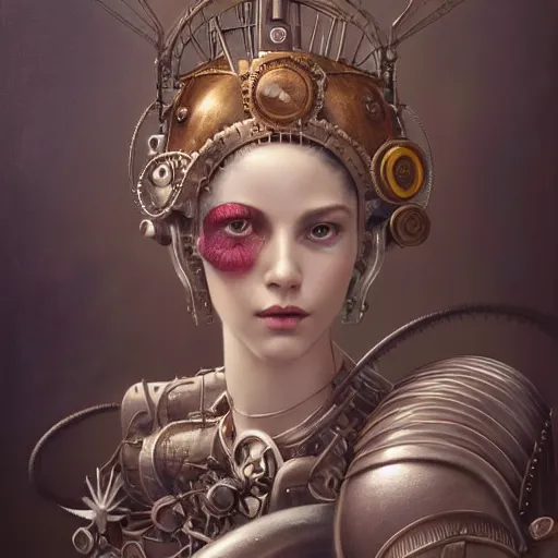 Prompt: by tom bagshaw, ultra realist vivid soft painting of a carnival of curiosities, single curvy flirt etheral young steampunk female in a full ornated armor gears, photorealistic facial traits, 3 d octane render eyes, cables, led, flying machinery, partial symmetry accurate features, very intricate details, focus, award winning, ultra dense fog