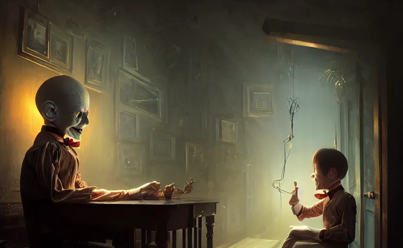 Image similar to highly detailed portrait of a ventriloquist dummy, in dead silence, stephen bliss, unreal engine, fantasy art by greg rutkowski, loish, rhads, ferdinand knab, makoto shinkai and lois van baarle, ilya kuvshinov, rossdraws, tom bagshaw, global illumination, radiant light, detailed and intricate environment