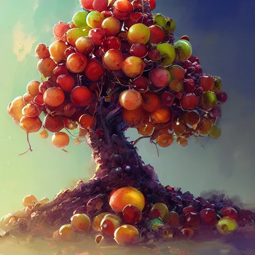 Image similar to tree made of fruits, by stanley artgerm lau, wlop, rossdraws, james jean, andrei riabovitchev, marc simonetti, yoshitaka amano, artstation, cgsociety