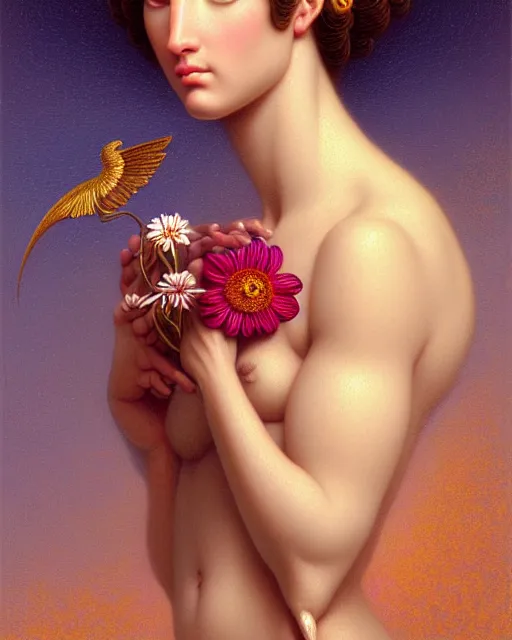 Image similar to angel, unusual beauty, flowers and plants, emotionally evoking symbolic metaphors, head in focus, fantasy, ornamental, intricate, elegant, sensual, highly detailed digital painting, artstation, concept art, painterly, golden ratio, sharp focus, illustration, art by John William Godward and Boris Vallejo and Zdzisław Beksiński,