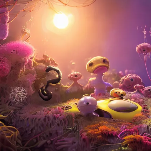 Prompt: quantum physics, expressive eyes, floating, rbc, radiolaria, protophyta, micro - organisms, center frame, symmetric, rim light, marine microbiology, bioluminescence, electric, fur, soft, concept art, intricate details, highly detailed, colorful, photorealistic, disney pixar, octane render,