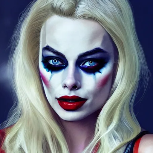 Prompt: beautiful margot robbie with harley quinn makeup, highly detailed, realistic face, amazing digital art
