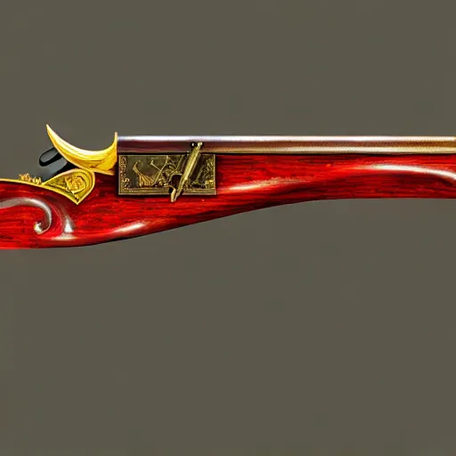 Image similar to a magical antique sawed - off double - barreled shotgun made from glossy red - painted wood and elements of gold metalwork, video game concept art