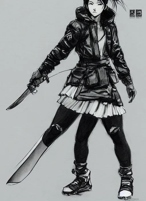 Prompt: a yoji shinkawa full body sketch of ninja tennis player girl holding a sword wearing a puffy anorak, short white skirt and yeezy 5 0 0 sneakers