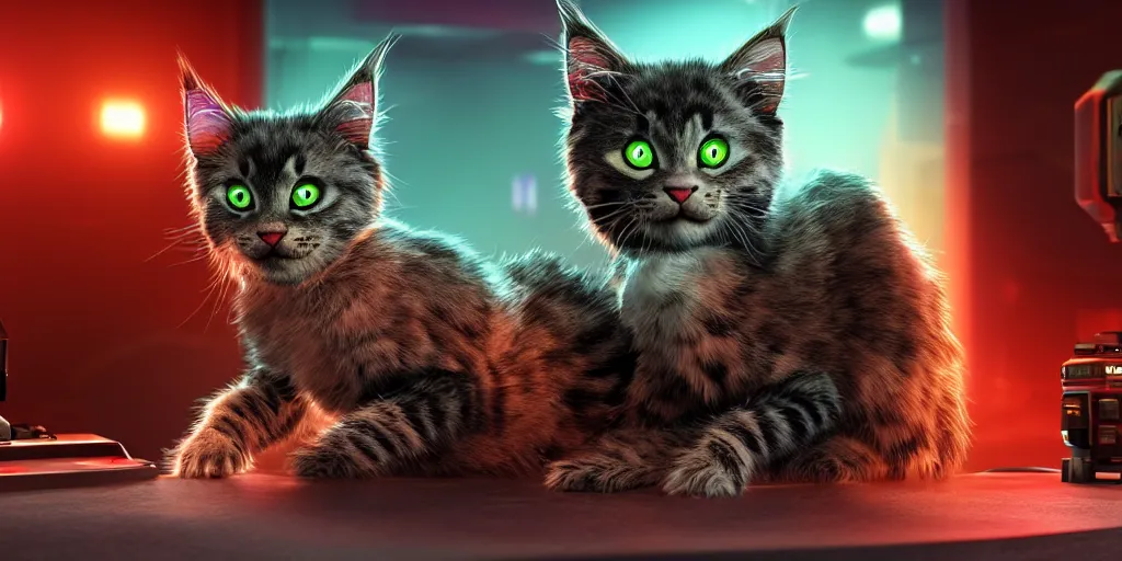 Image similar to a d rendered movie still a cute robotic kitten with rgb ambient lighting implants. the robot maine coon kitten. in the background is a cyberpunk cat tree with rgb dramatic lighting. science fiction blockbuster movie from the future, imax 7 0 mm. octane 3 d render, style of mandalorian ( american space western television series )