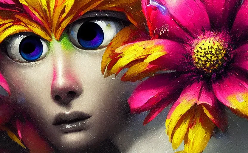 Image similar to close up of a beautiful flower with robot eyes in the middle maximalist bold colors by Greg rutkowski