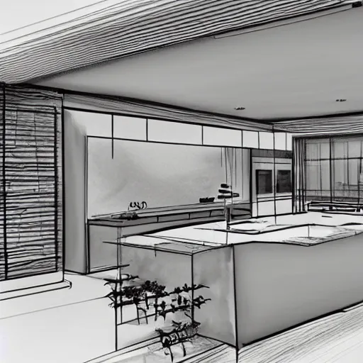 Image similar to modern garden kitchen design, designer pencil sketch, HD resolution