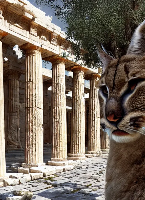 Image similar to hyper realistic fluffy caracal dressed in toga, in ancient greek city, marble columns, temple, olive trees, atmospheric beautiful details, strong composition painted by kim jung giu weta studio rutkowski, james gurney and greg rutkowski, and lucasfilm