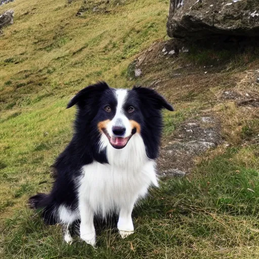 Prompt: a border collie sat outside a mountain cottage