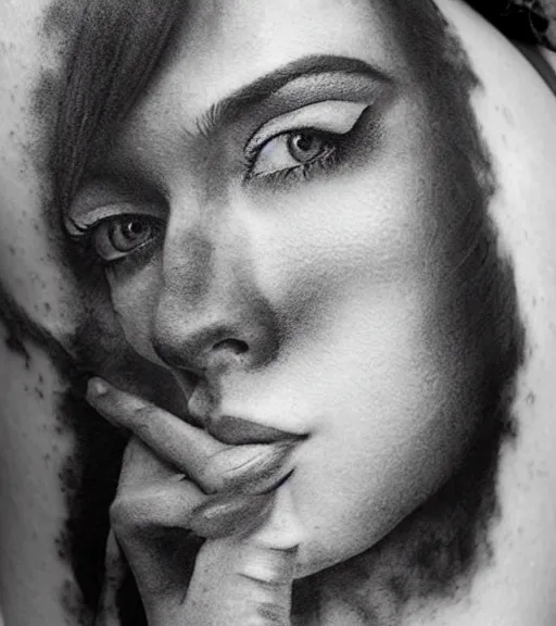 Image similar to a beautiful girl portrait, faded mountain background, realism tattoo, in the style of den yakovlev, black and white, hyper realistic, highly detailed