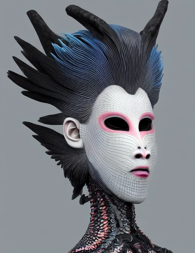 Image similar to 3 d goddess close - up profile simple portrait punk with mohawk with goat skull. beautiful intricately detailed japanese crow kitsune mask and clasical japanese kimono. betta fish, jellyfish phoenix, bio luminescent, plasma, ice, water, wind, creature, artwork by tooth wu and wlop and beeple and greg rutkowski