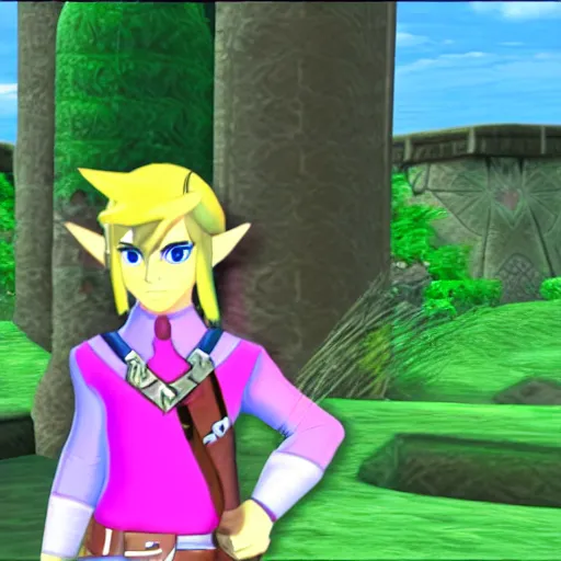 Image similar to Link from the Legend of Zelda: Ocarina of Time wearing a pink dress