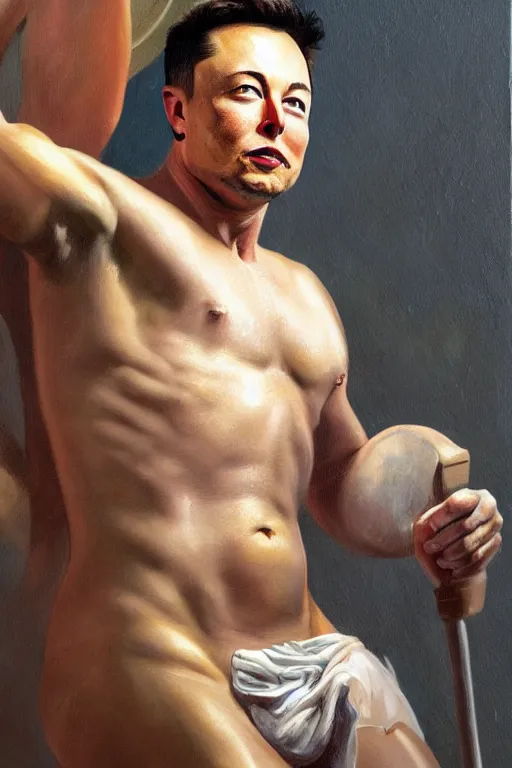 Image similar to beautiful oil painting of Elon Musk as a muscular greek god