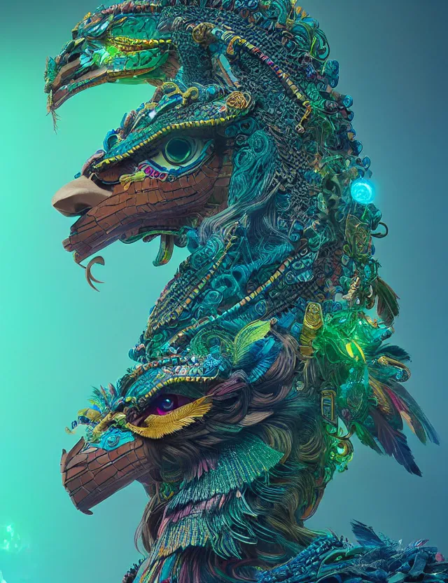 Prompt: goddess macro 3 / 4 profile portrait of quetzalcoatl. quetzal, feathers, bioluminiscent, creature, super intricate ornaments artwork by tooth wu and wlop and beeple and greg rutkowski