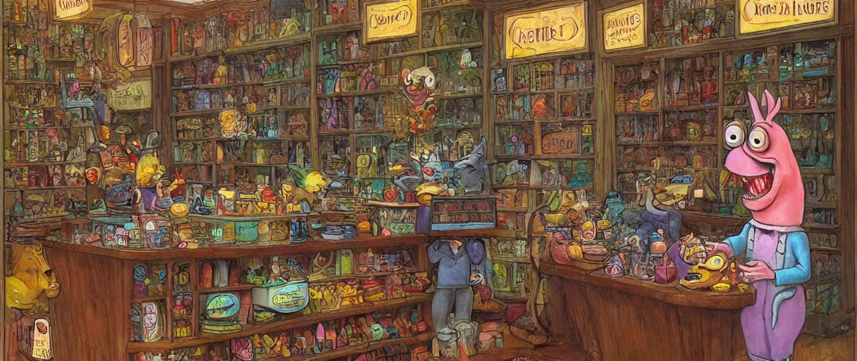 Prompt: an aaahh!!! Real monsters shopkeeper behind the counter by James Gurney