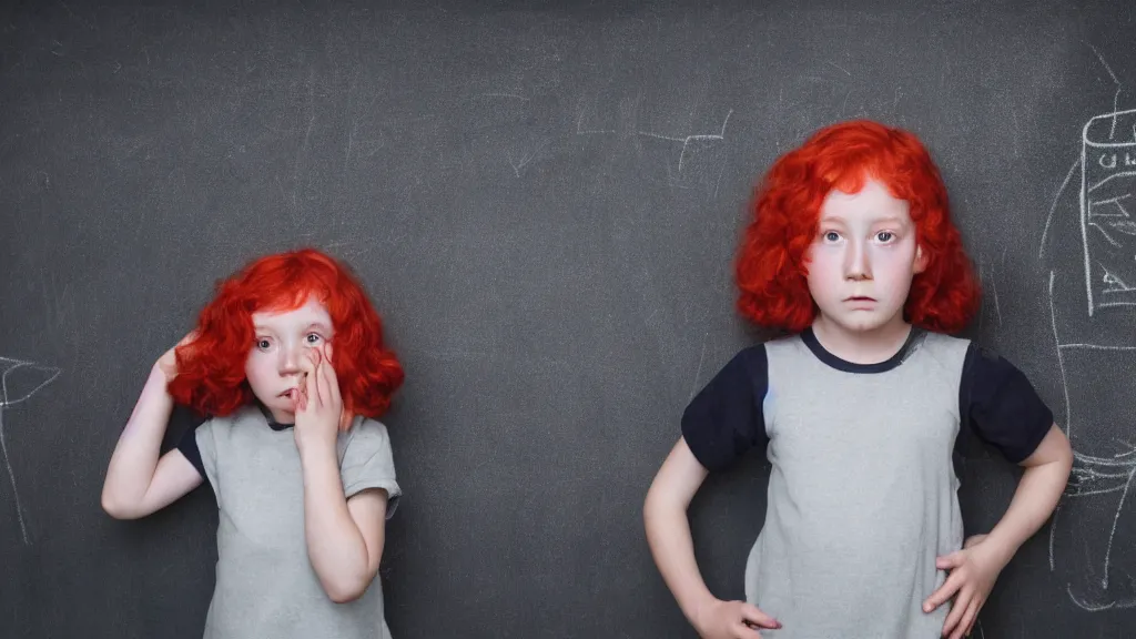 Image similar to colour photograph of a child questioned at the blackboard, red hair, shy, inspired by Gregory Crewdson