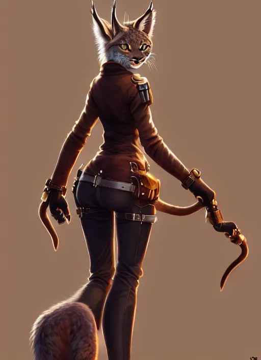 Image similar to wide angle beautiful full body portrait of a strong female anthropomorphic anthro lynx fursona from behind wearing a steampunk leather pants. paw pads instead of feet, character design by disney, anime, manga, charlie bowater, ross tran, artgerm, and makoto shinkai, detailed, soft lighting, rendered in octane