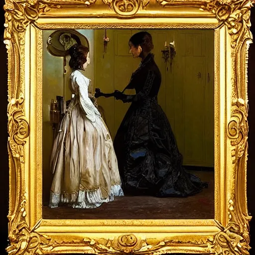 Image similar to young victorian lady in ball gown getting dressed, painted by alfred stevens