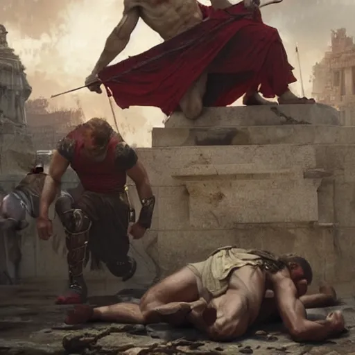 Image similar to brutus, regretting his actions, kneeling over the body of julius caesar, fantasy art by greg rutkowski