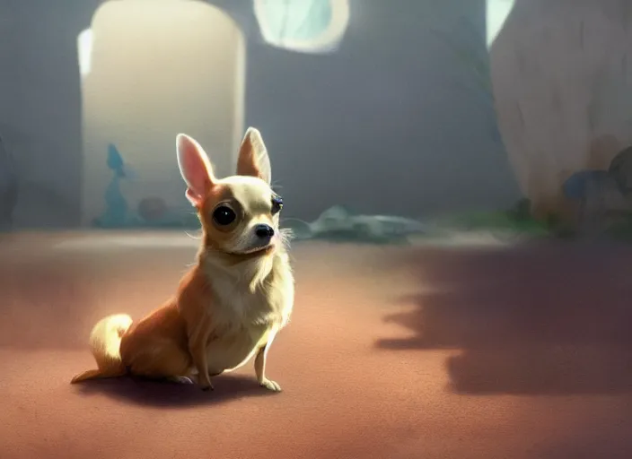 Image similar to a key shot of chihuahua looking at bunny animation at mid-day, medium shot, waist up, studio Ghibli, Pixar and Disney animation, sharp, key art by Greg Rutkowski, dramatic lighting, flat texture