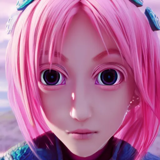 Image similar to stunningly beautiful omnipotent anime goddess with smooth porcelain skin, pink hair and mesmerizing cyan eyes, symmetrical, frog's perspective, unreal engine 5, 8 k