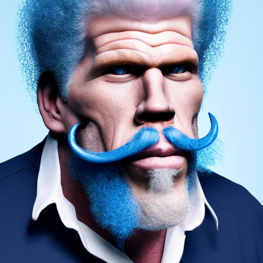 Image similar to ron perlman with a giant red curly afro with a handlebar mustache while wearing a light - blue collared shirt in the foreground, a blank canvas is right behind him, with a void white background, realistic, hyperrealistic, 8 k resolution, hd quality, very detailed, highly detailed, intricate details, real life, real world, trending on artstation