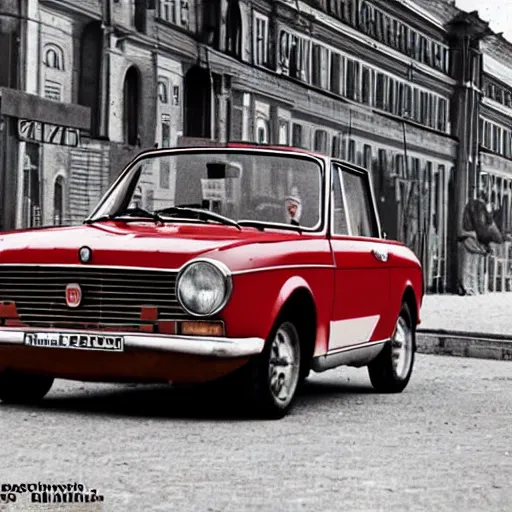 Image similar to fiat 124 berlina in soviet city. Film poster. Epic cinematic