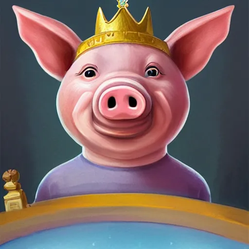 Prompt: a cartoonish cute anthropomorphic pig wearing a crown is having dinner in a beautiful home, magical atmosphere, trending on artstation, 30mm, by Noah Bradley trending on ArtStation, deviantart, high detail, stylized portrait