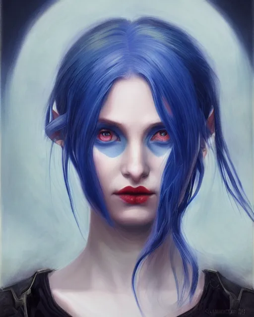 Image similar to A detailed matte oil on canvas head on symmetrical portrait of a distinguished elven woman with red and blue hair on an empty background, by Charlie bowater, Wlop, trending on artstationhd, dungeons and dragons art, parted hair , half blue, half red , split dye, critical role