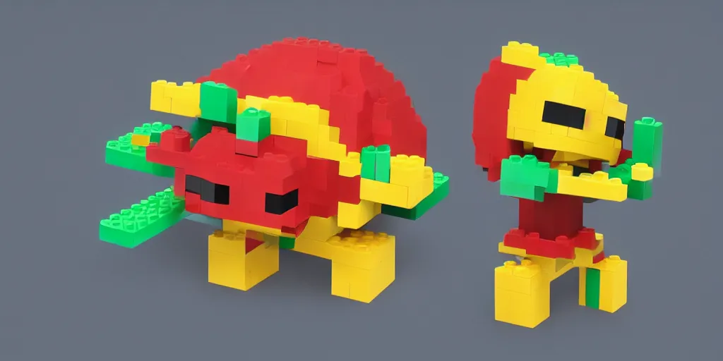 Image similar to tiny creature made of one brick, big round cute eyes, quadrupedal, cute looking, kawaii, sharp focus, character, game concept art, blocky, lego mixels, flat toon style like katamari damacy inspired, pokemon inspired, promotional image