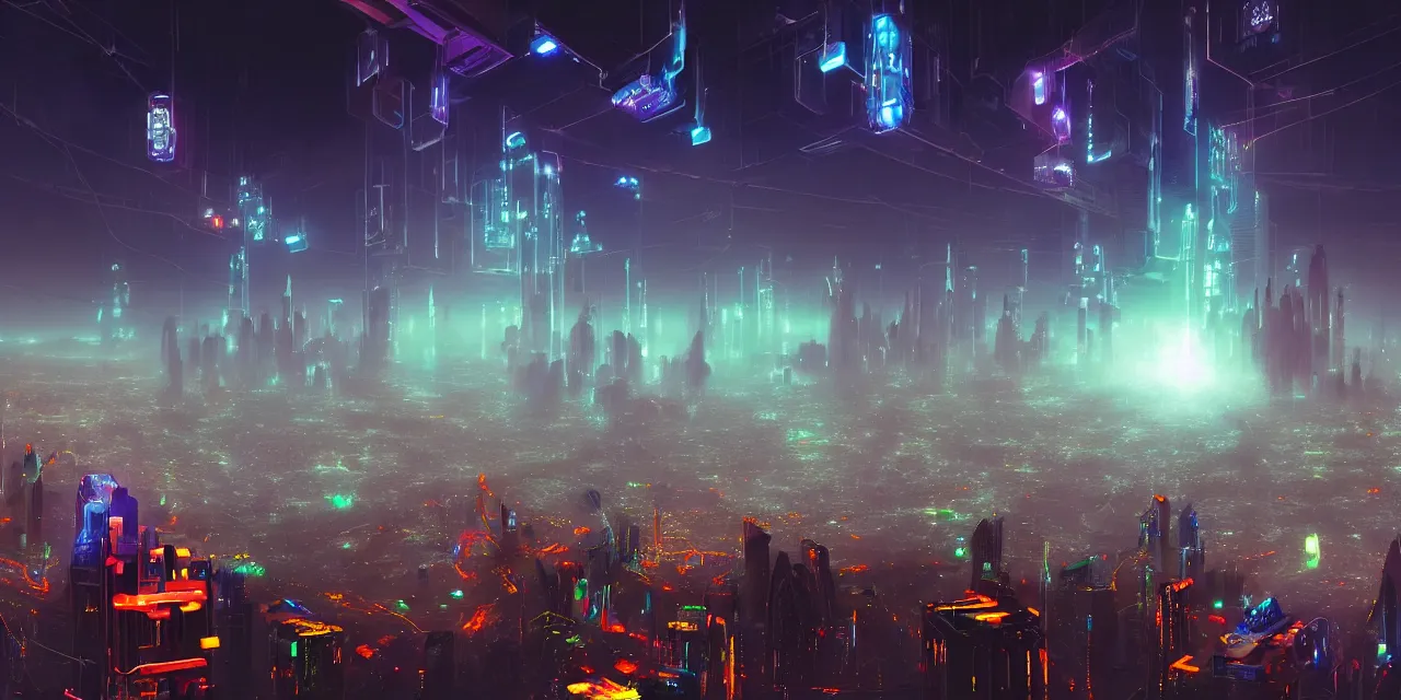 Prompt: a fleet of giant glowing futuristic cubes tied to each other with lots of glowing chains in the sky, thick glowing chains, light rays bouncing between cubes, a fantasy magical cyberpunk dubai tokyo landscape seen in the distance, atmospheric lighting, intricate, volumetric lighting, beautiful, sharp focus, ultra detailed, in the art style of marc simonetti and lee madgwick, astrophotography