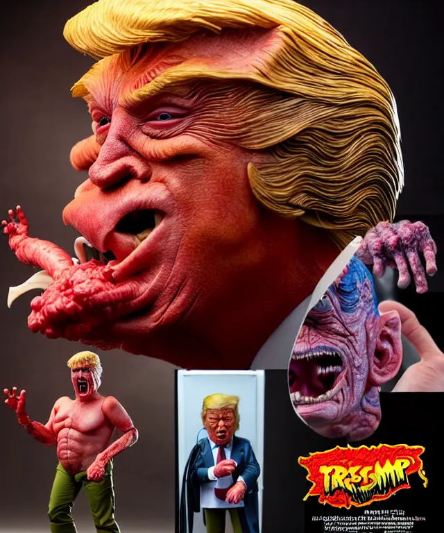 Image similar to hyperrealistic rendering, epic boss battle, cronenberg flesh monster donald trump, by art of skinner and richard corben, product photography, collectible action figure, sofubi, hottoys, storm clouds, outside, lightning