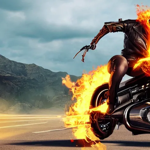 Prompt: ghost rider aiming with shotgun on motocycle, high detail, gorgeous view