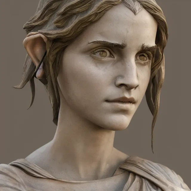 Image similar to marble sculpture of emma watson as an elf warrior, realistic, unreal engine render, octane render, hyper realistic, photo, 8 k, cinematic lighting