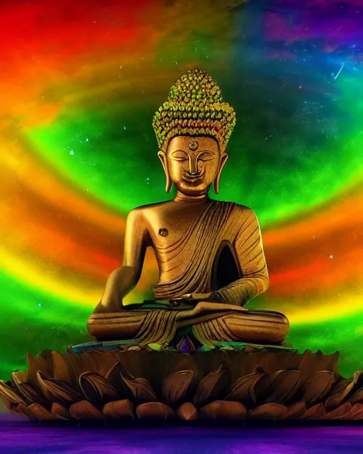 Image similar to the most beautiful star system, sky full of brightly coloured starts, inside of an expansive cave, green tara buddha with a crown of rainbow clouds, coherent design, symmetrical, vivid color, complementary color, golden ratio, detailed, sharp lines, intricate, rainbowshift, by in unreal engine, nvidia, octane render