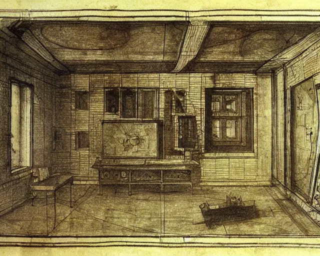 Image similar to mechanical electrical television set sketch with detailed notes by leonardo da vinci