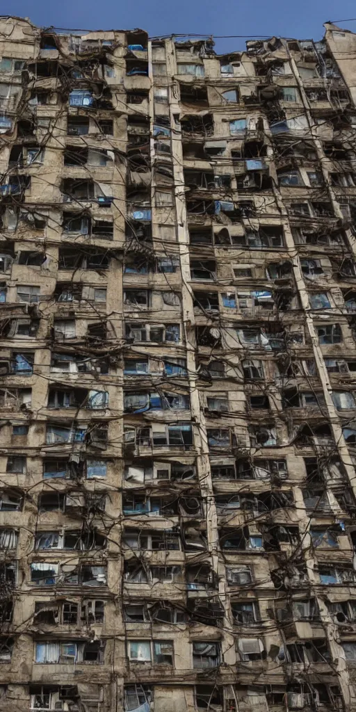 Image similar to Photo of Soviet apartment building, slums, tangled wires