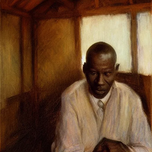 Image similar to a painting of a well fed, thinker, thoughtful, focused, visionary, calm, jovial, loving, daddy/fatherly, generous, elegant elder and his on from Kenya by Henry Ossawa Tanner . dramatic angle, ethereal lights, details, smooth, sharp focus, illustration, realistic, cinematic, artstation, award winning, rgb , unreal engine, octane render, cinematic light, macro, depth of field, blur, red light and clouds from the back, highly detailed epic cinematic concept art CG render made in Maya, Blender and Photoshop, octane render, excellent composition, dynamic dramatic cinematic lighting, aesthetic, very inspirational, arthouse.