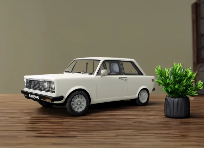 Image similar to a small miniature of a Ford Cortina 1980 on a white table near a book and a vase with a plant, 3d render, octane render, unreal engine 5, path tracing, serene landscape, calm, relaxing, beautiful landscape, highly detailed, high quality, 4k, symmetrical, low contrast