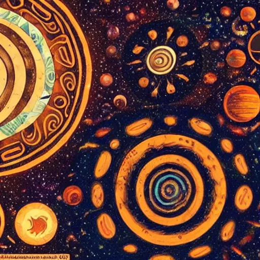 Prompt: Liminal space in outer space, Global Village Coffeehouse aesthetic, earth tones, tribal ancient imagery, suns, spirals