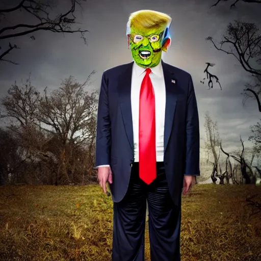 Image similar to donald trump wearing a zombie halloween costume, hyper realistic, wide shot, photography, award winning, 8 k,