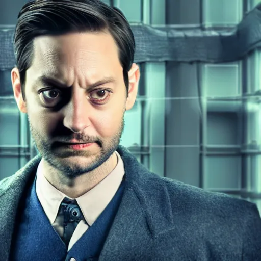 Image similar to tobey maguire as a man with a scruffy beard in a dark blue trenchcoat as the new doctor who, cinematic, volumetric lighting, f 8 aperture, cinematic eastman 5 3 8 4 film, photorealistic