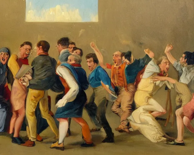 Prompt: a painting of group of stupid people yelling at each other