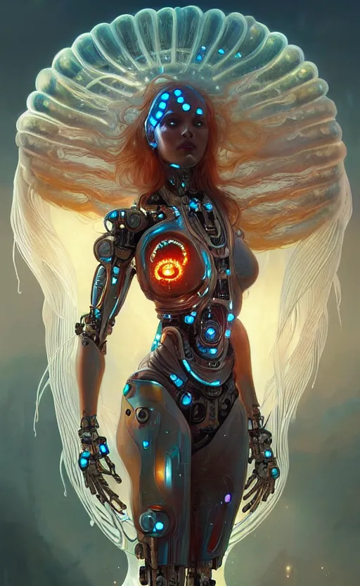 Image similar to Cyborg biomechanical jellyfish angel girl, sci-fi, highly detailed, digital painting, artstation, concept art, smooth, sharp focus, illustration, art by artgerm and greg rutkowski and alphonse mucha