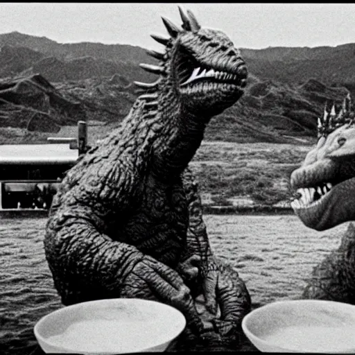 Image similar to wide scenic shot from the scene from the David Lynch production of Godzilla where the conjoined chefs cook. The chefs are conjoined at the head and neck, they share one head. Cinematic, VHS copy, film grain, 35mm film.