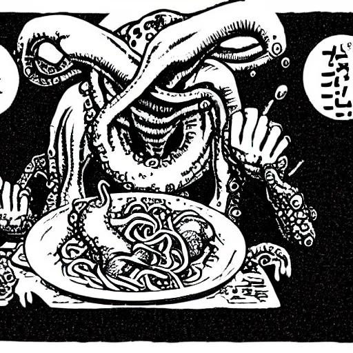 Prompt: photo of Cthulhu (from Lovecraft) sitting at table holding its tentacle over a bowl of ramen