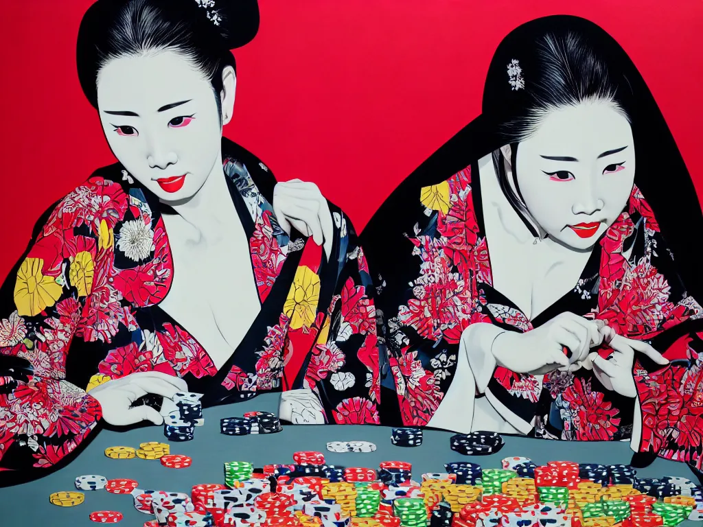 Image similar to hyperrealism composition of the detailed woman in a japanese kimono sitting at an extremely detailed poker table with darth vader, fireworks on the background, pop - art style, jacky tsai style, andy warhol style, acrylic on canvas