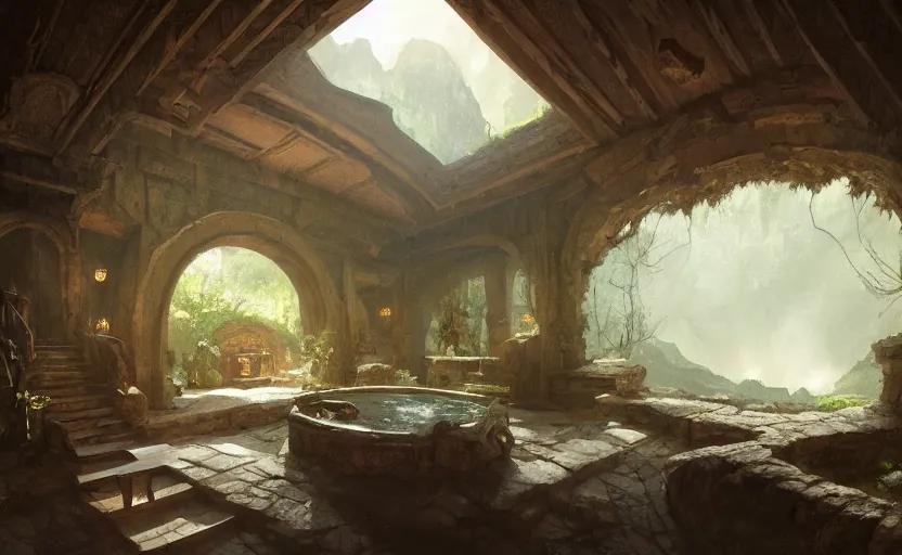 Image similar to painting of an interior of a hidden circular complex carved inside a mountain living quarters overlooking the great room, small hot spring and lush garden outside, other bedrooms can be seen, natural light, fantasy, natural light, concept art, by greg rutkowski and craig mullins, cozy atmospheric and cinematic lighting, trending on artstation