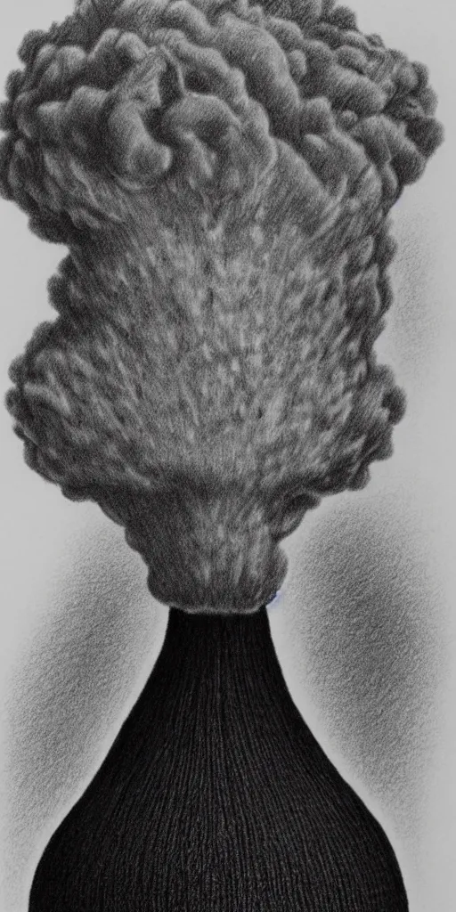 Image similar to vladimir putin wearing a nuclear mushroom cloud blast for a hat, cartoonish, ultra detailed pencil drawing